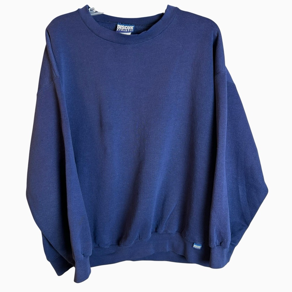 VTG Discus Athletic Sweatshirt Mens XL faded Blue Fleece Crewneck 90s Boxy Wide